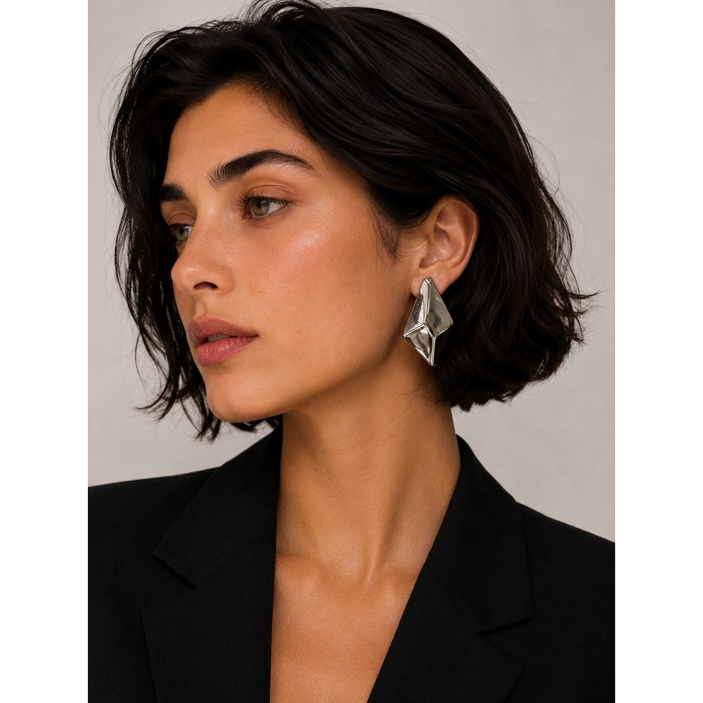 Silver Tone Geometric Statement Dangle Earrings Modern Sculptural Post Earrings